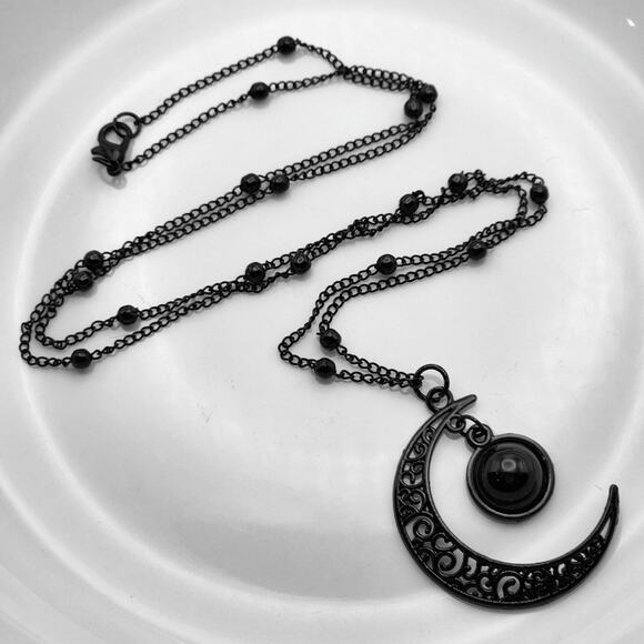 Black Crescent Moon & Orb Necklace - Picture 3 of 4